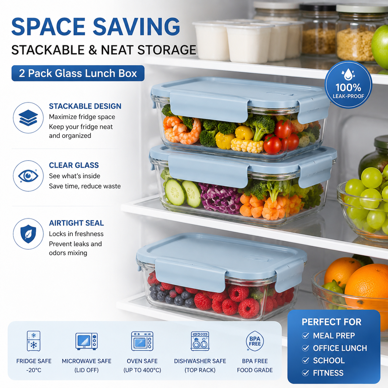 Meal Prep Box - 2 Pack Glass Meal Prep Containers