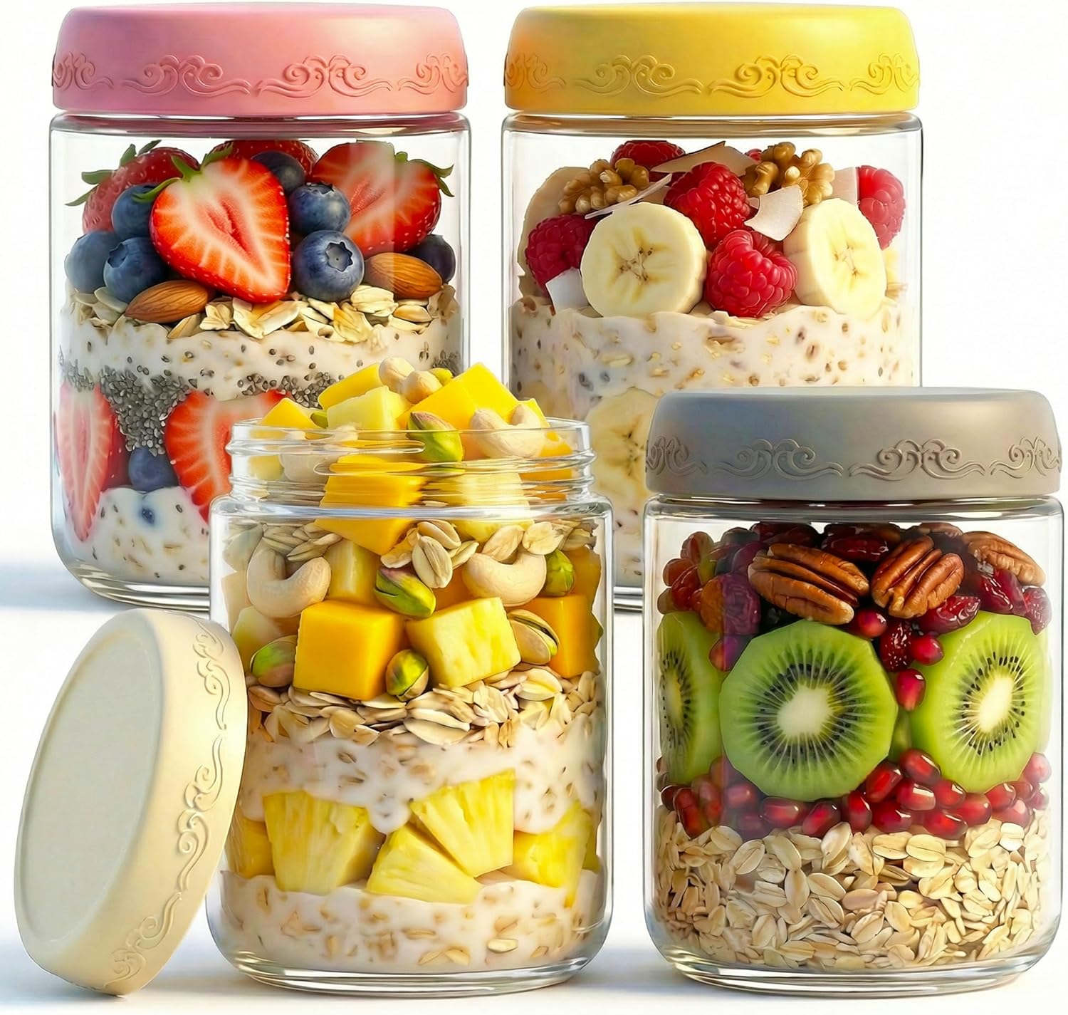 Meal Prep Glass Containers With Lids - 16 OZ 4Pack, Overnight Oats Jars
