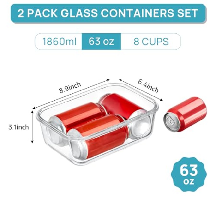 2Pack 1860ml/63oz Large Glass  - Meal Prep Glass Containers With Lids incelemesi ve fiyatı