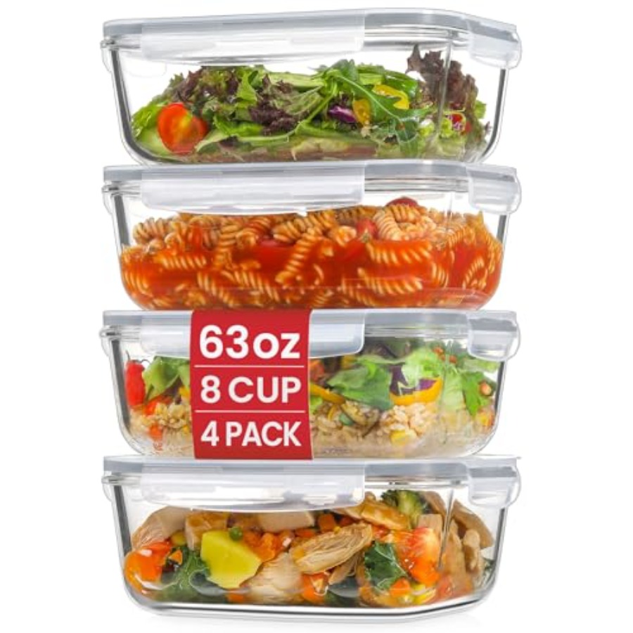 4 Pack 8 Cups/ 63oz Large Glas - Meal Prep Glass Containers With Lids incelemesi ve fiyatı