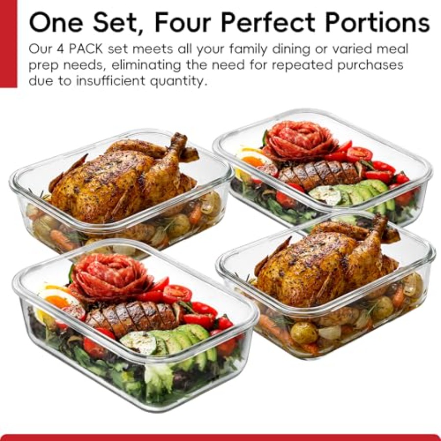 4 Pack 8 Cups/ 63oz Large Glas - Meal Prep Glass Containers With Lids incelemesi ve fiyatı