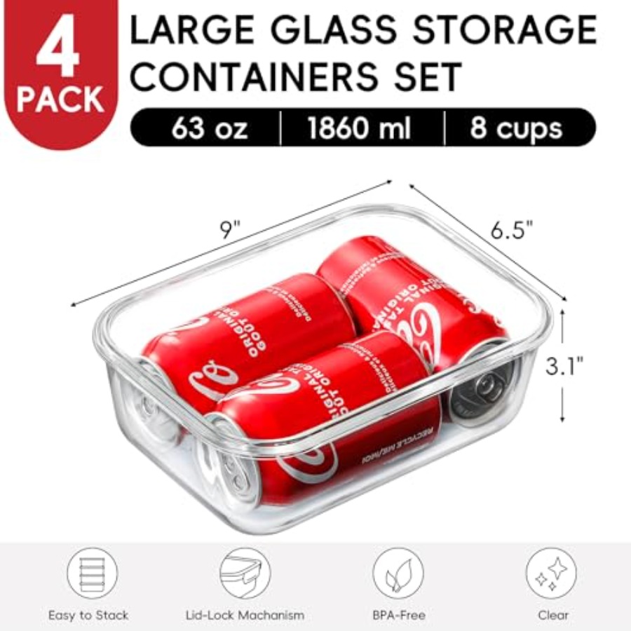 4 Pack 8 Cups/ 63oz Large Glas - Meal Prep Glass Containers With Lids incelemesi ve fiyatı